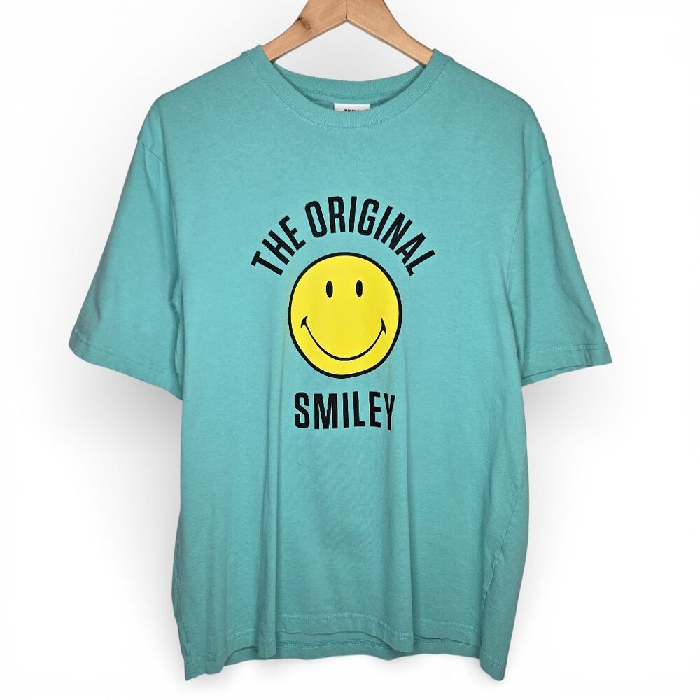 Original Smiley x H&M Tee‎ Shirt Men Chunky Graphic Seafoam Green Retro 80s M